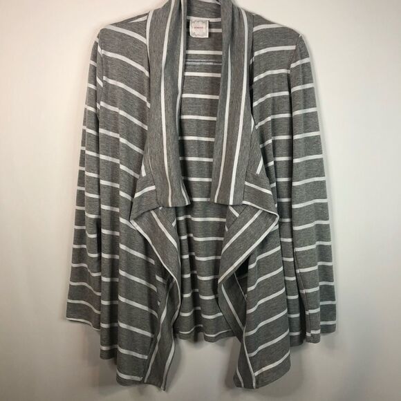 Nymphe Grey White Striped Open Front Cascade Cardigan Sweater Cover Up Medium - Picture 1 of 7